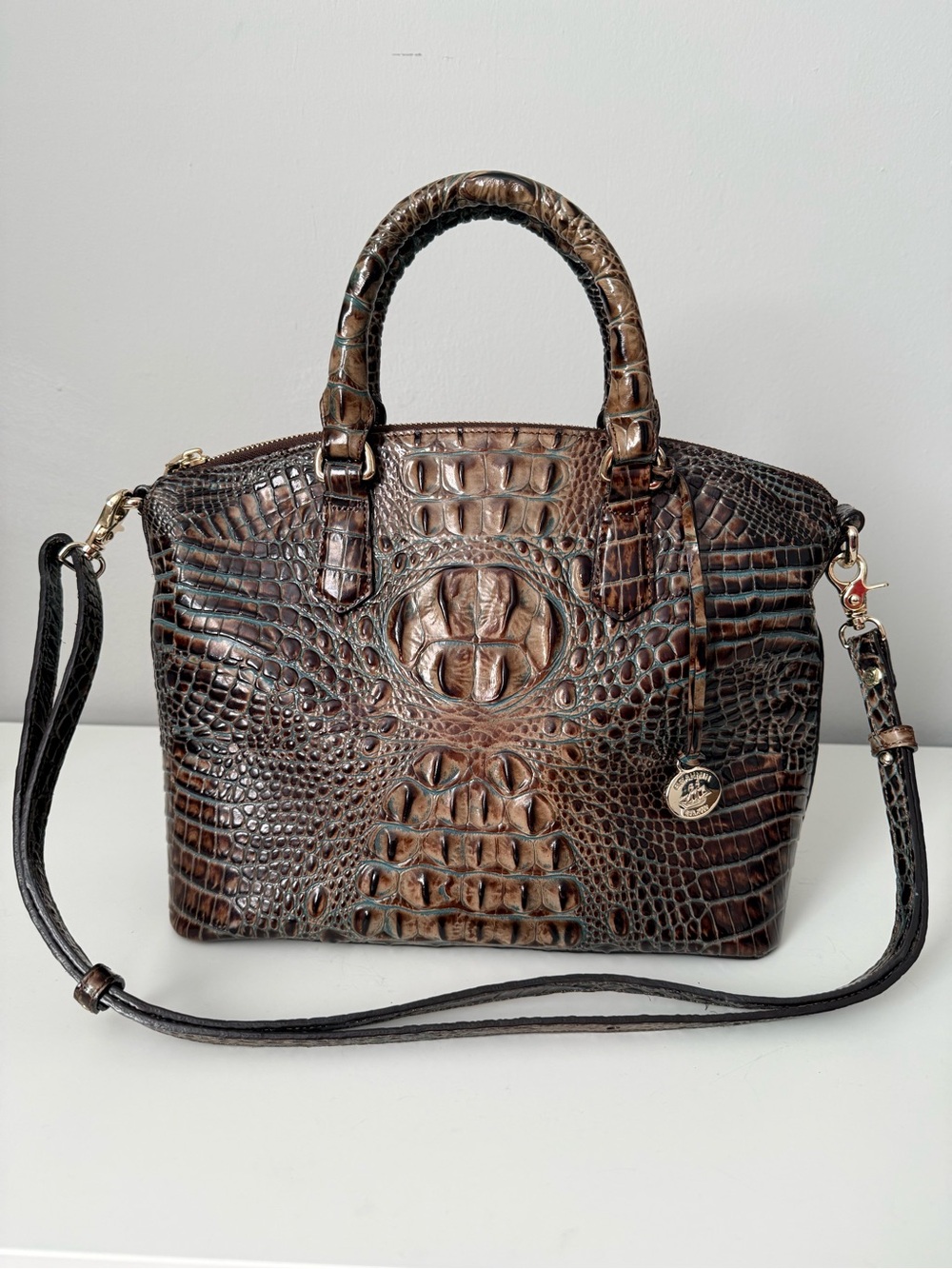 Brahmin Dark Brown Croc-Embossed Leather Satchel with Removable Strap